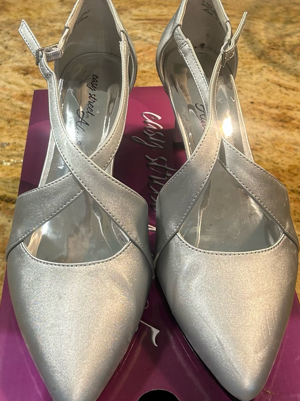 easy street Silver Crisscross Pointed-Toe Slingback Heels